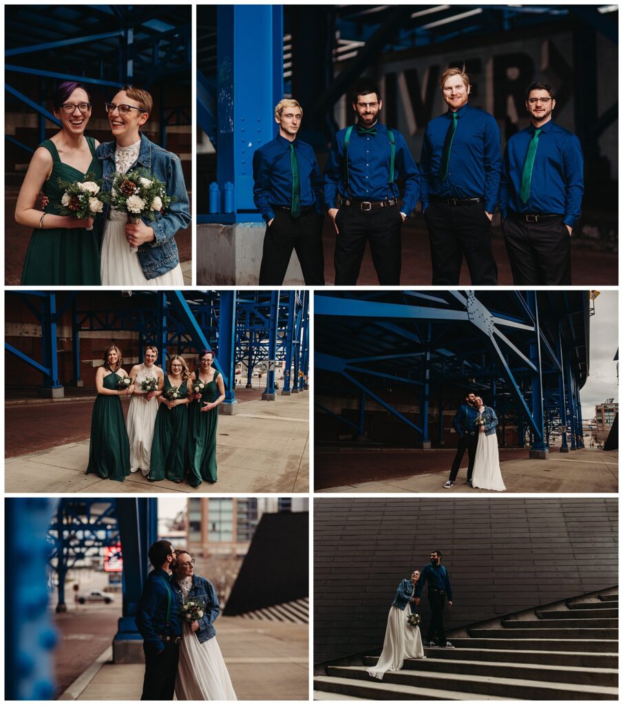 Moody wedding party pictures by Lago East venue in downtown Cleveland by Paige Mireles.
