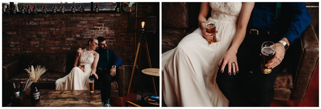 Wedding portraits at Brewdog Cleveland as couple relaxes before ceremony.