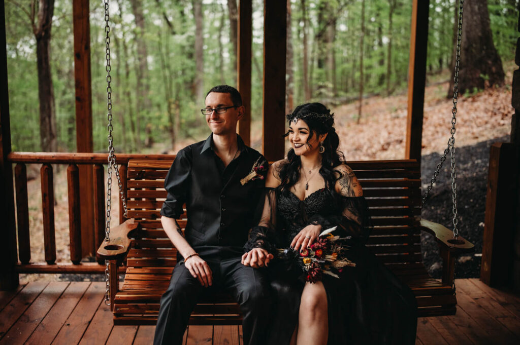 Bride wears black gown from Davids Bridal for wedding day in Hocking Hills.