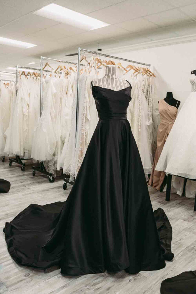 Beautiful black wedding gown with satin and customizable features. 