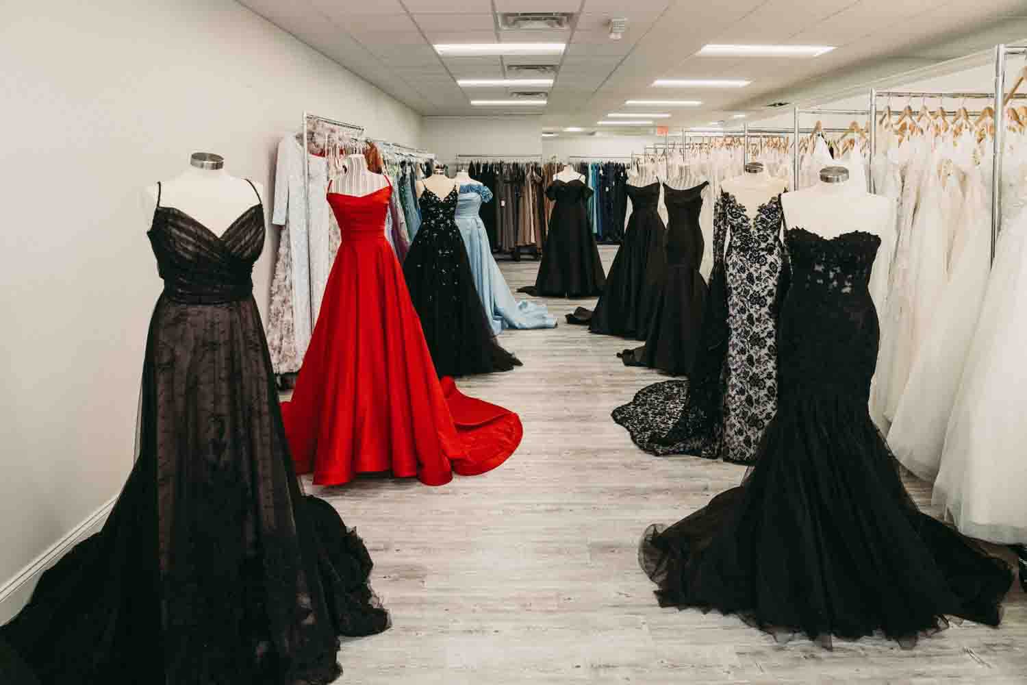 Black and colored wedding dresses at Youngstown bridal shop.