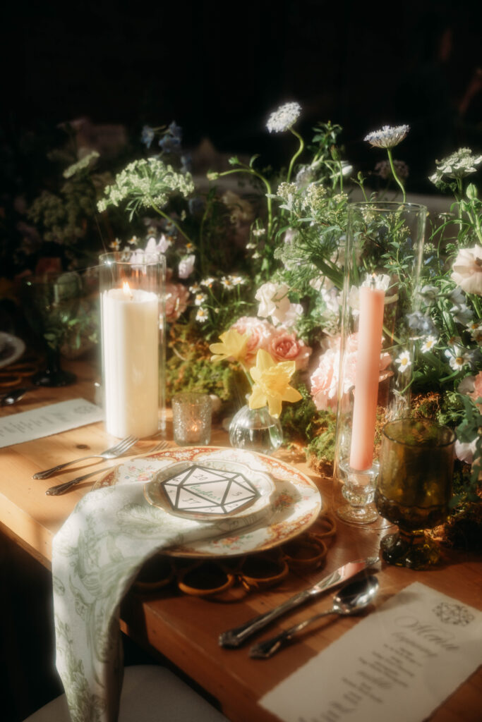 Dungeons and Dragons mixed with cottage core aesthetic for fun wedding design.