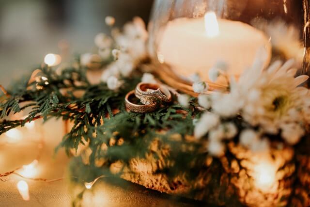 Unique wedding rings in woodsy magical setting.