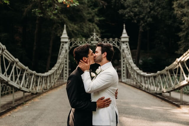 Couple kisses at Princess Bridge in Youngstown MetroPark