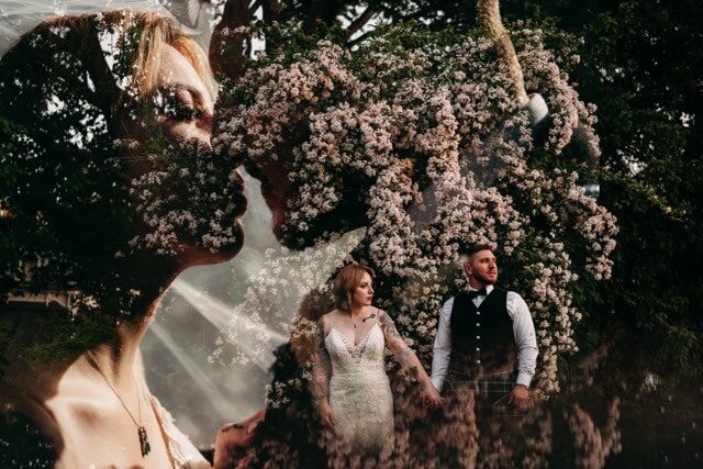 Double exposure of married couple at fellow riverside garden a spring wedding
