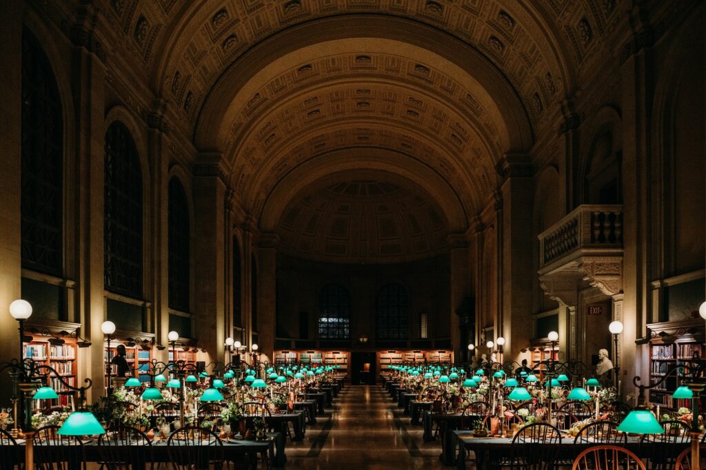 Bates Hall wedding at evening time for dinner at Boston Public Library.