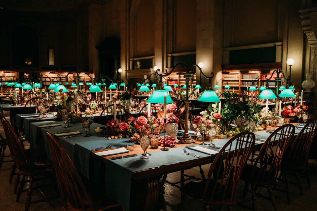 Moody winter academia theme for Boston Public Library wedding.