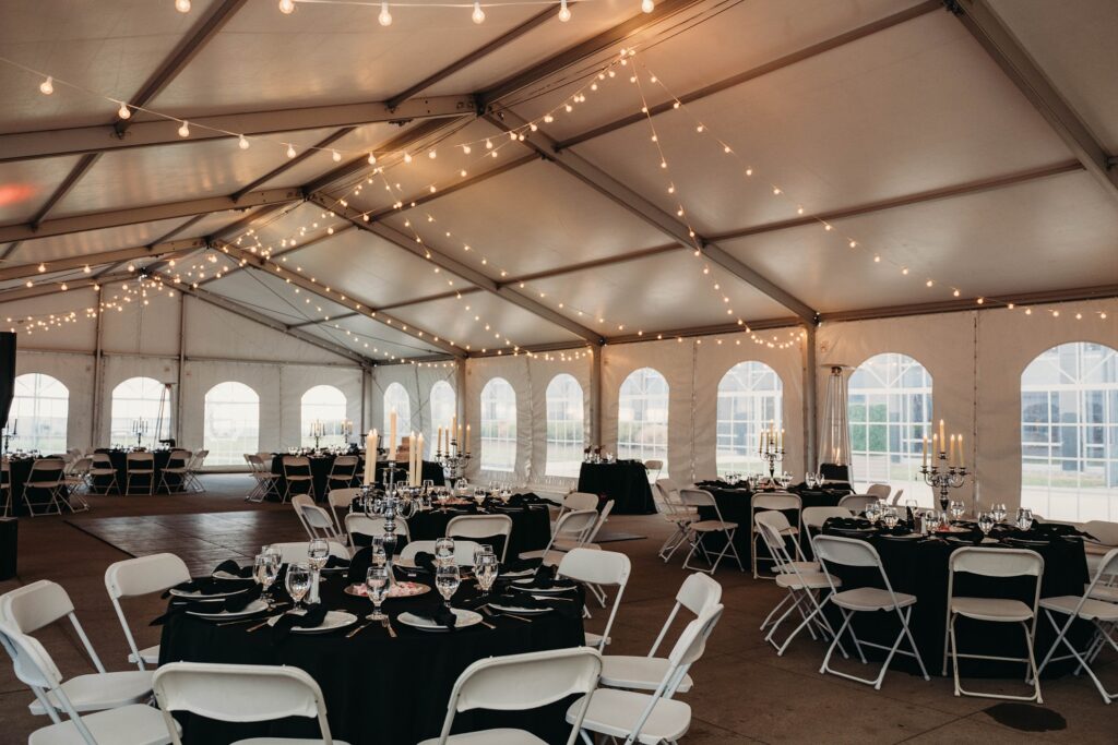 Tent reception at Lago East Bank wedding venue.