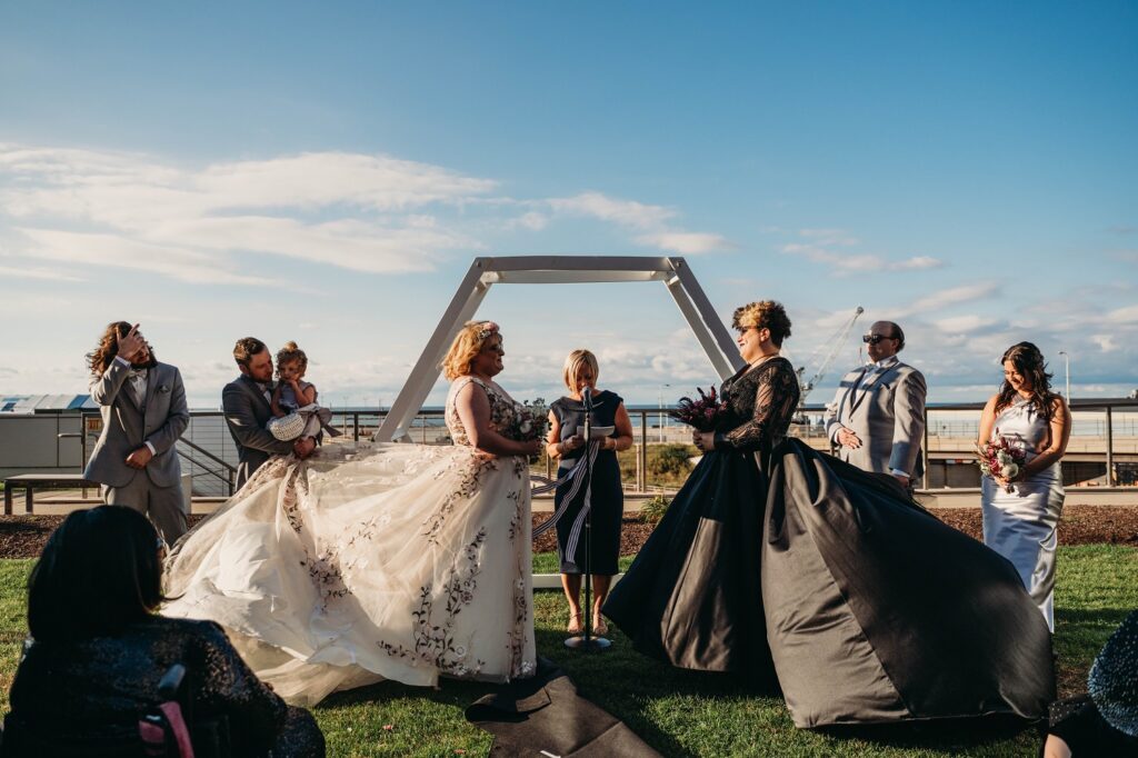 Outdoor ceremony at Lago East Bank in Cleveland.