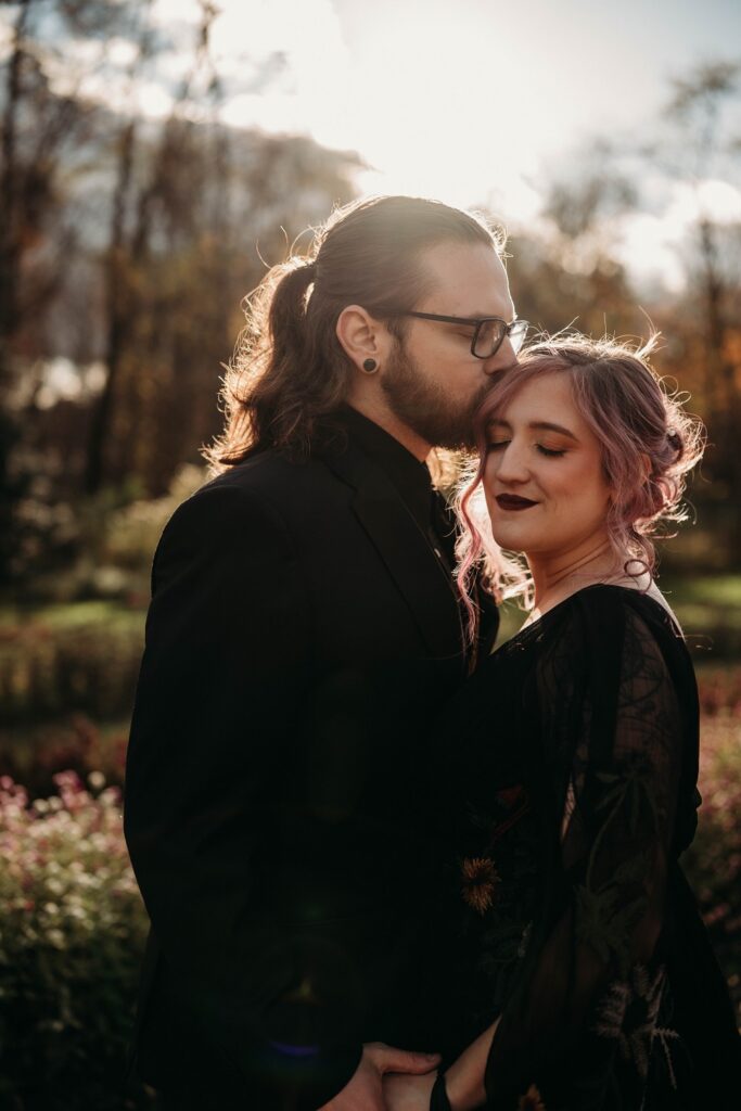 non traditional couple attire in woodsy wedding venue ohio